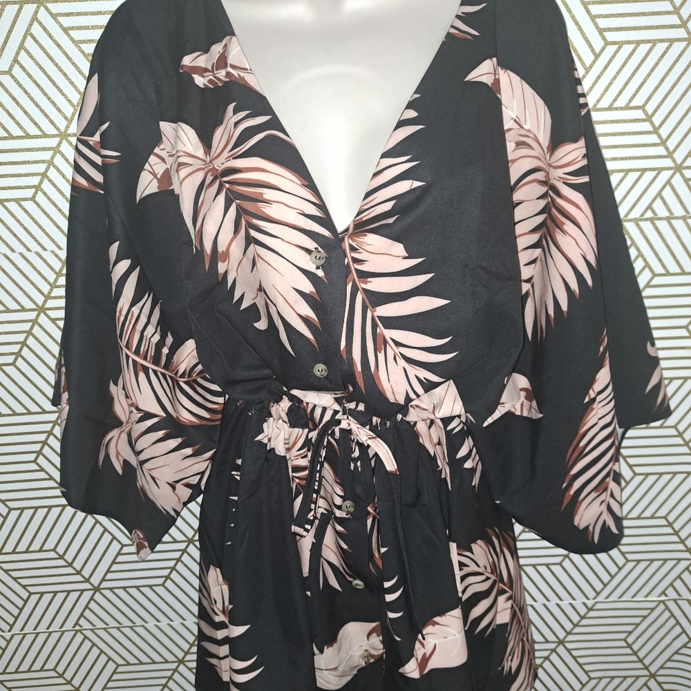 Black Boho Geometric Print Button Drawstring Batw… - image 3